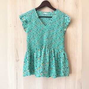 THML Teal Floral Smocked Peplum Top with Orange Accents